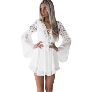 women's lace embroidery flare sleeve mini dress